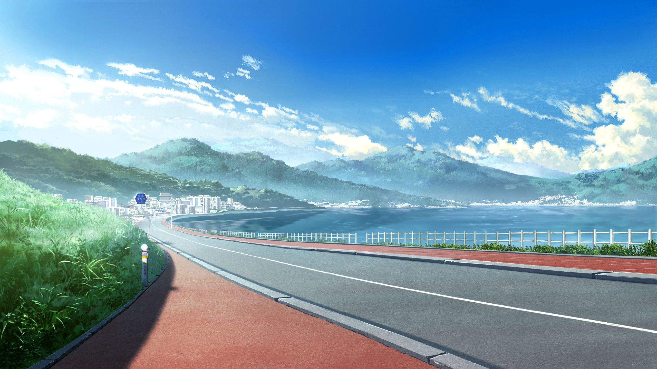 Anime scenery wallpaper with a road going through the mountains - Japan