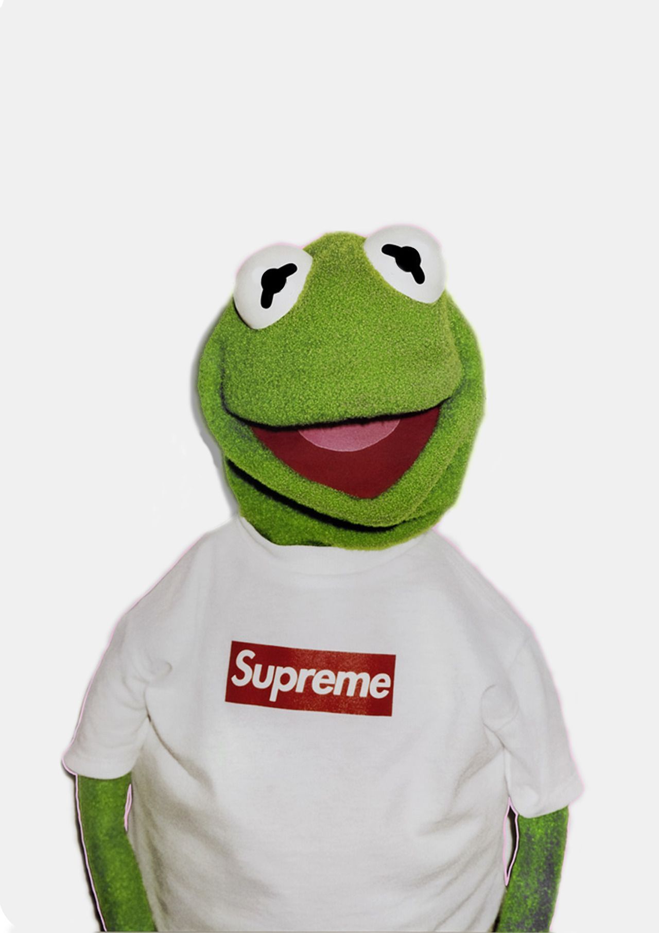 A green frog wearing an s supreme shirt - Kermit the Frog