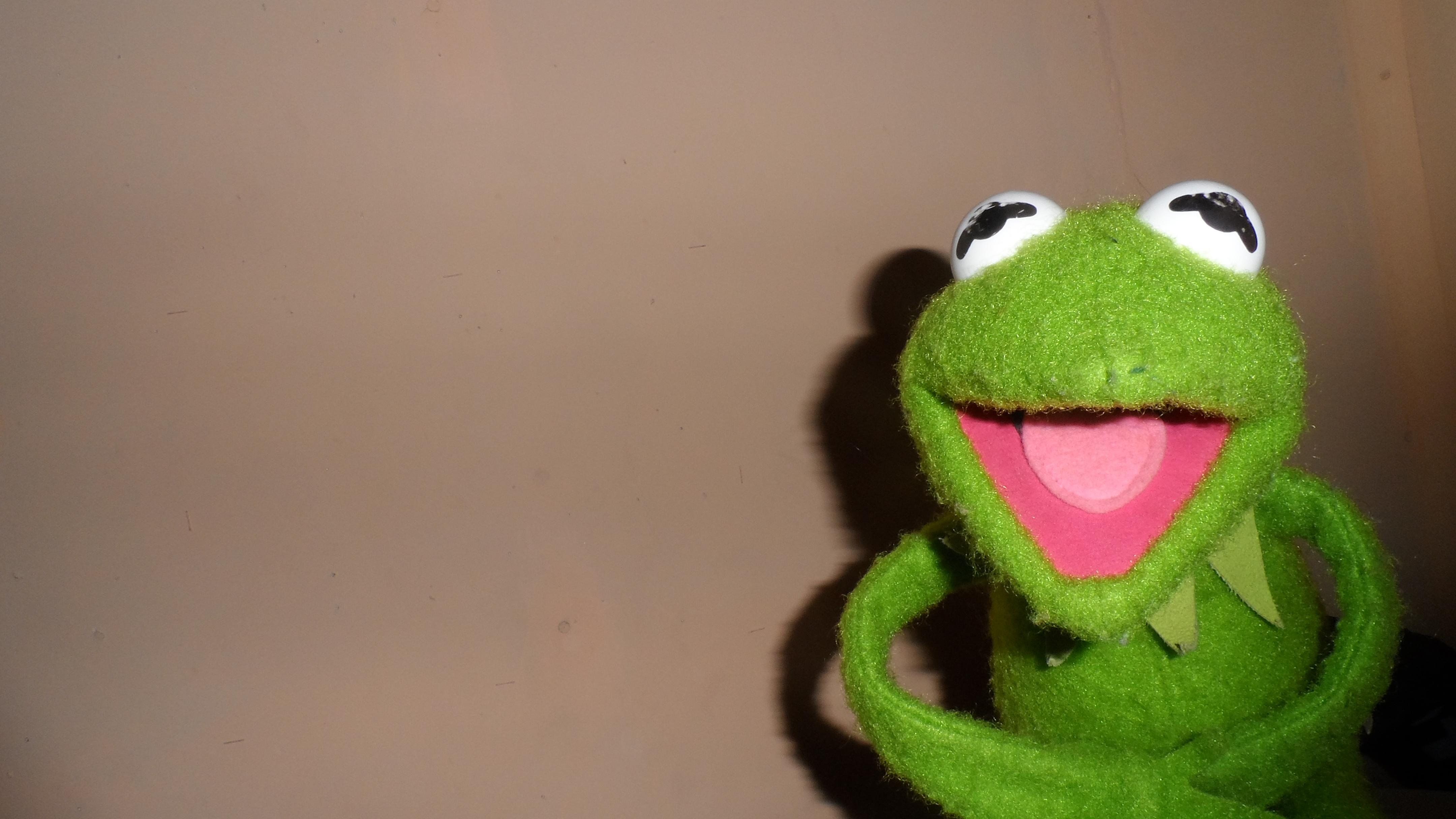 A green muppet with its mouth open - Kermit the Frog