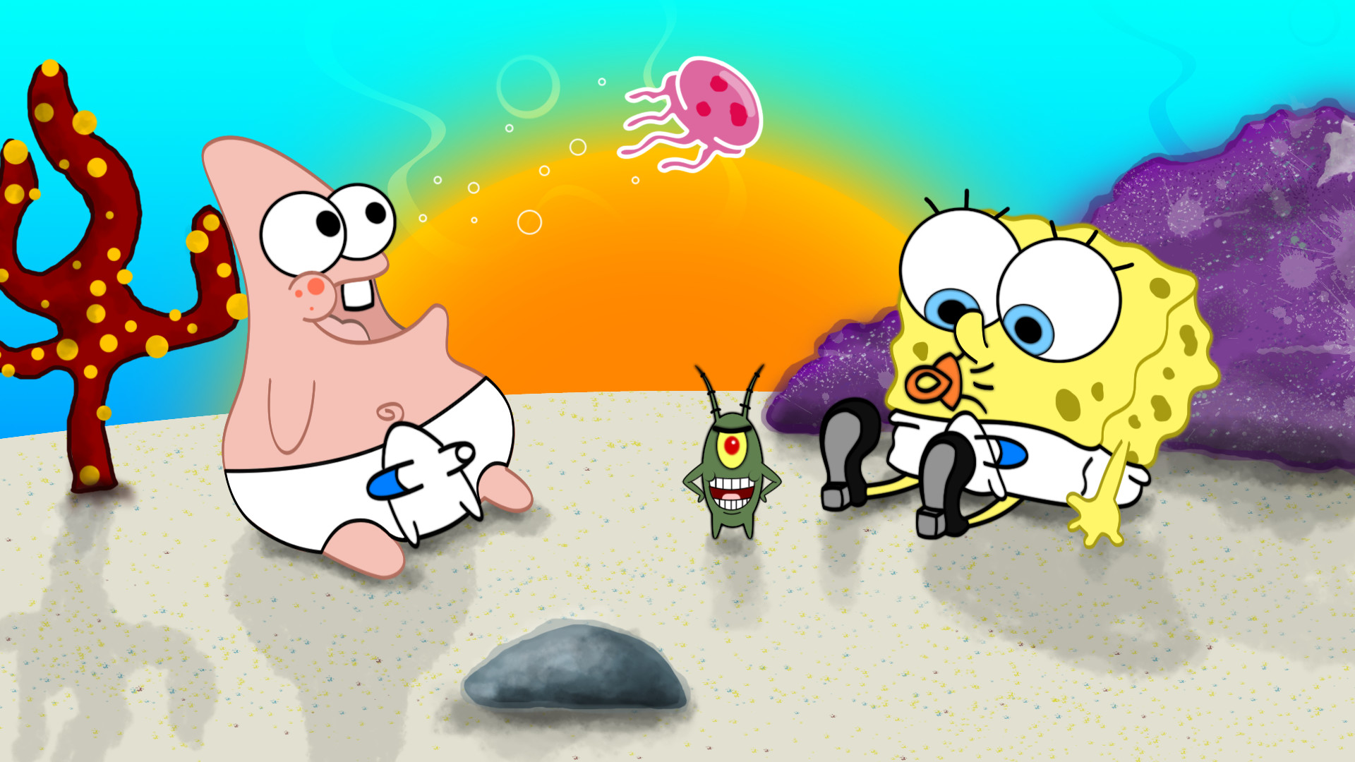 Patrick and SpongeBob are sitting on the beach with Plankton. - SpongeBob