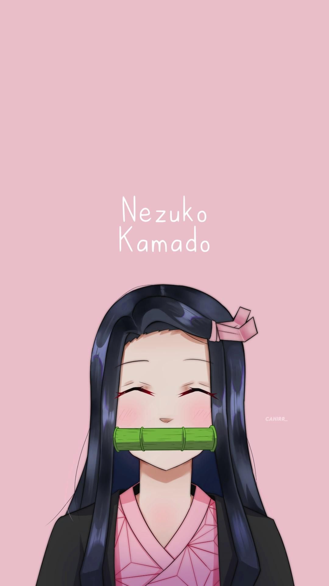 Nezuko Kamado from Demon Slayer anime wallpaper with pink background and text above - Nezuko