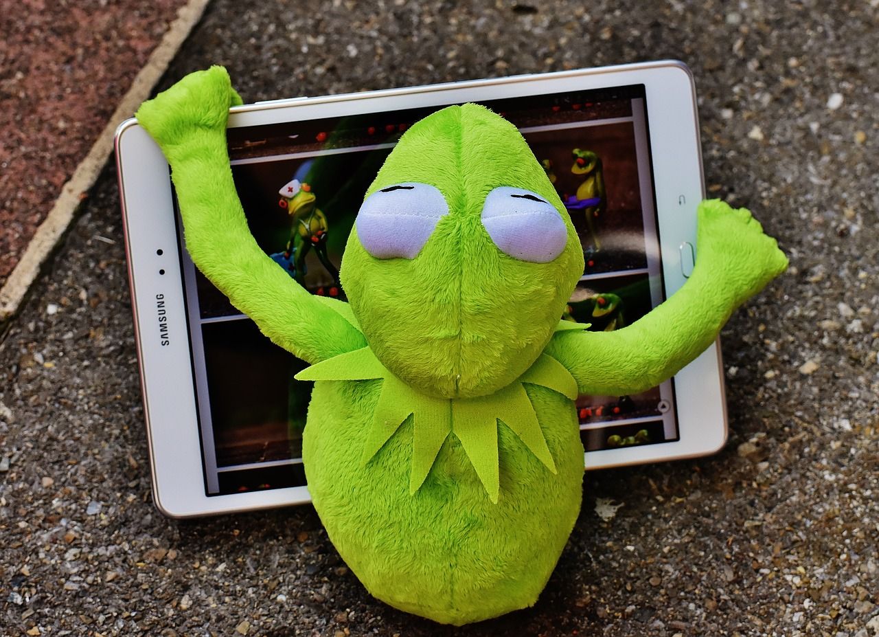 Download free photo of Kermit, frog, tablet, computer, figure