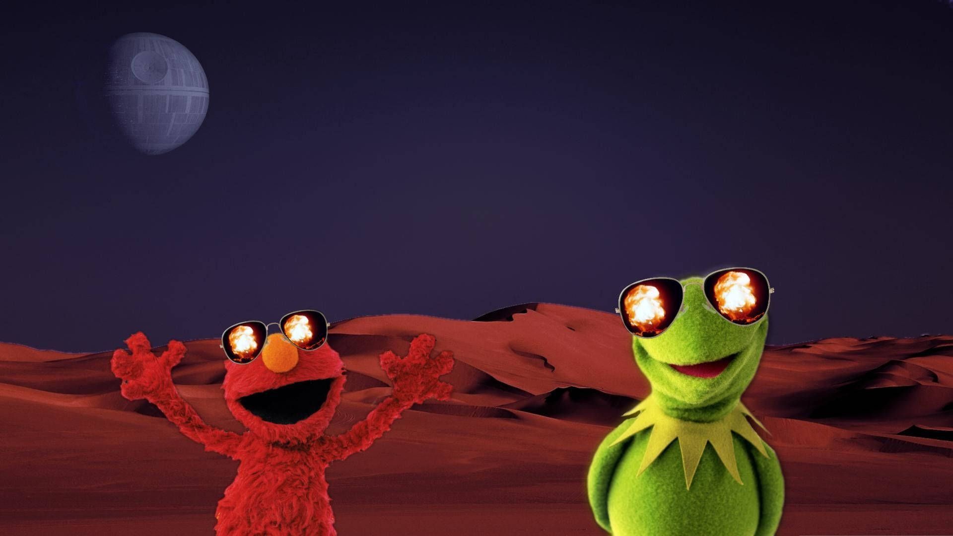 Two muppets standing in front of a star wars spaceship - Kermit the Frog