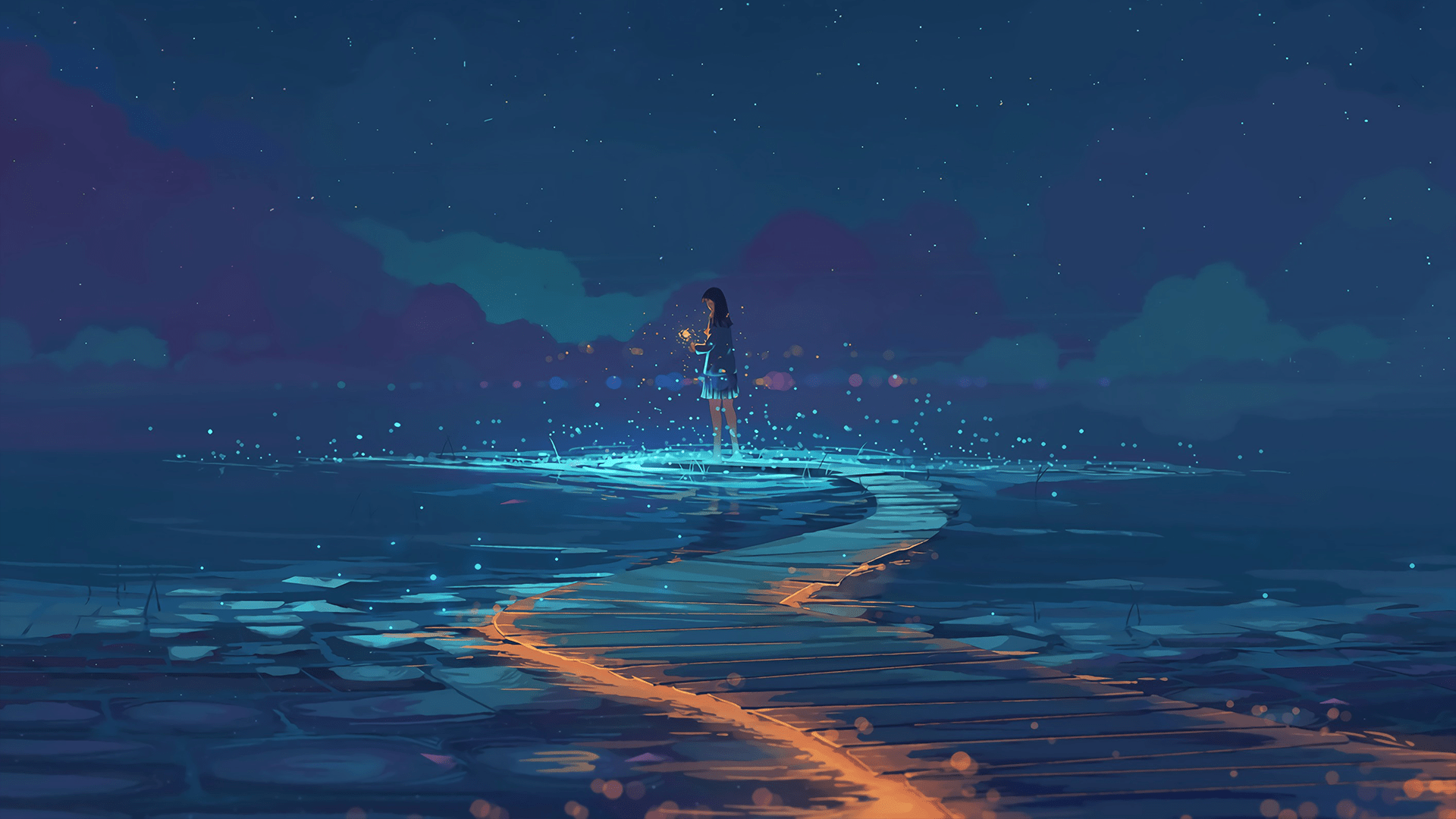 A girl standing on a road in the middle of the sea - Desktop, anime