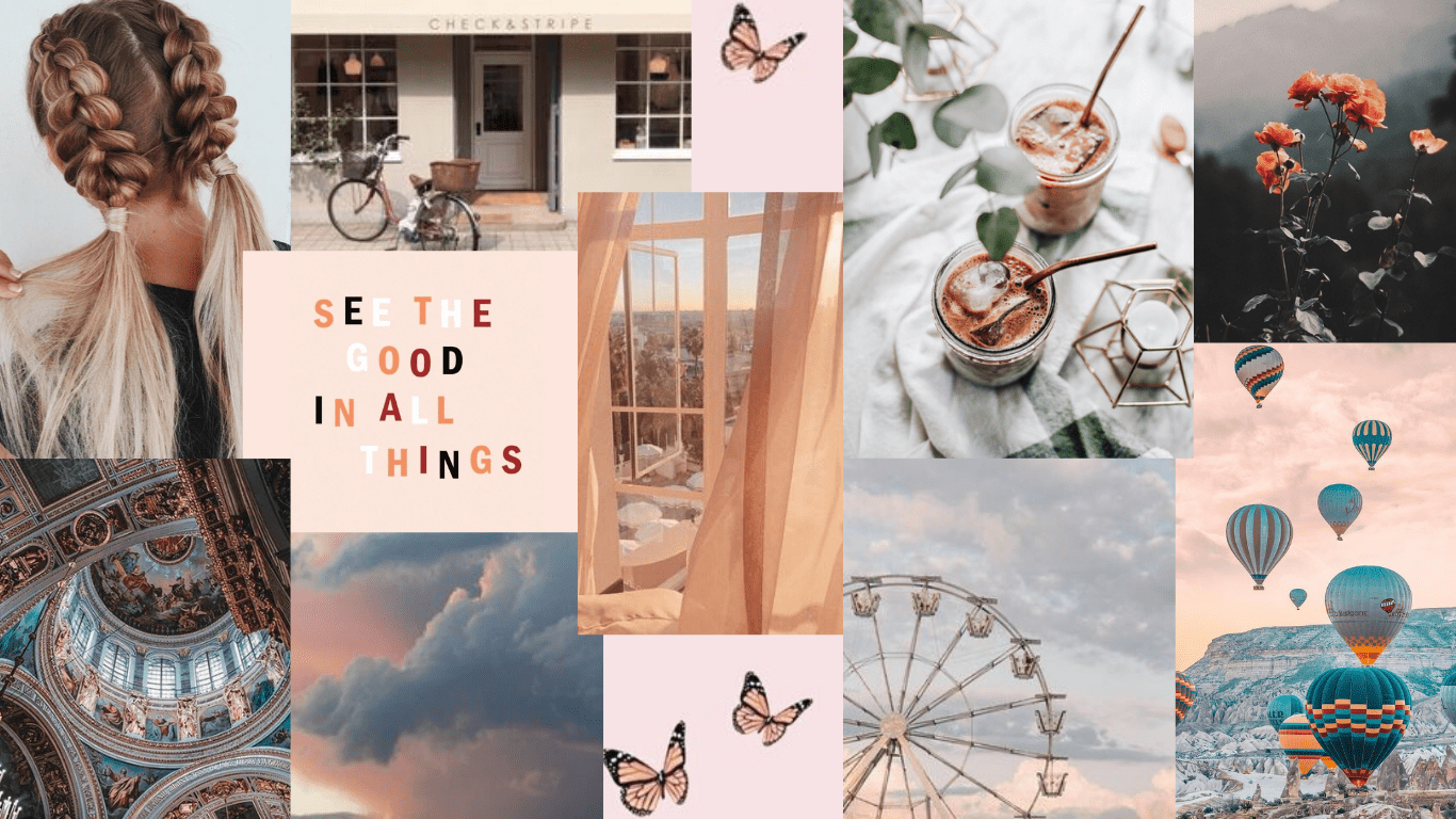 A collage of photos including hot air balloons, a ferris wheel, a woman on a bicycle, and the words 