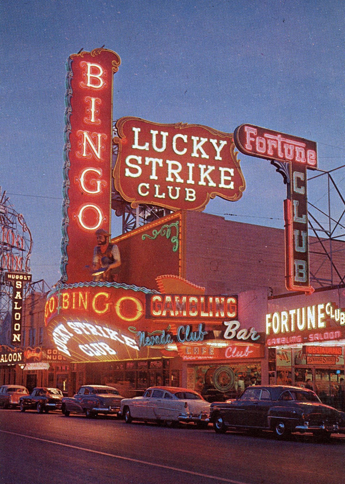 A postcard featuring a red neon sign for the Lucky Strike Club. - Las Vegas