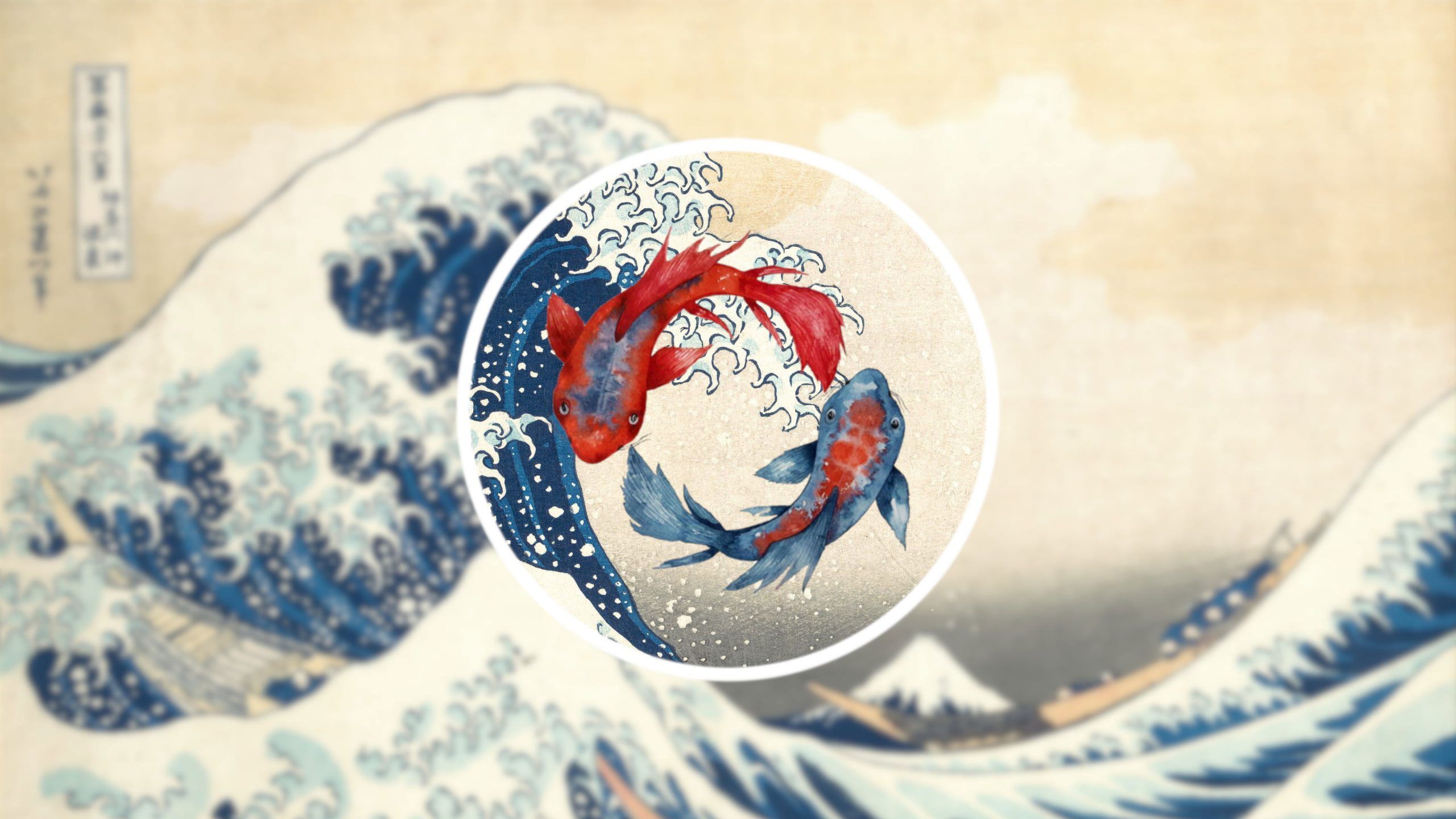 A painting of two fish swimming in the ocean - Koi fish