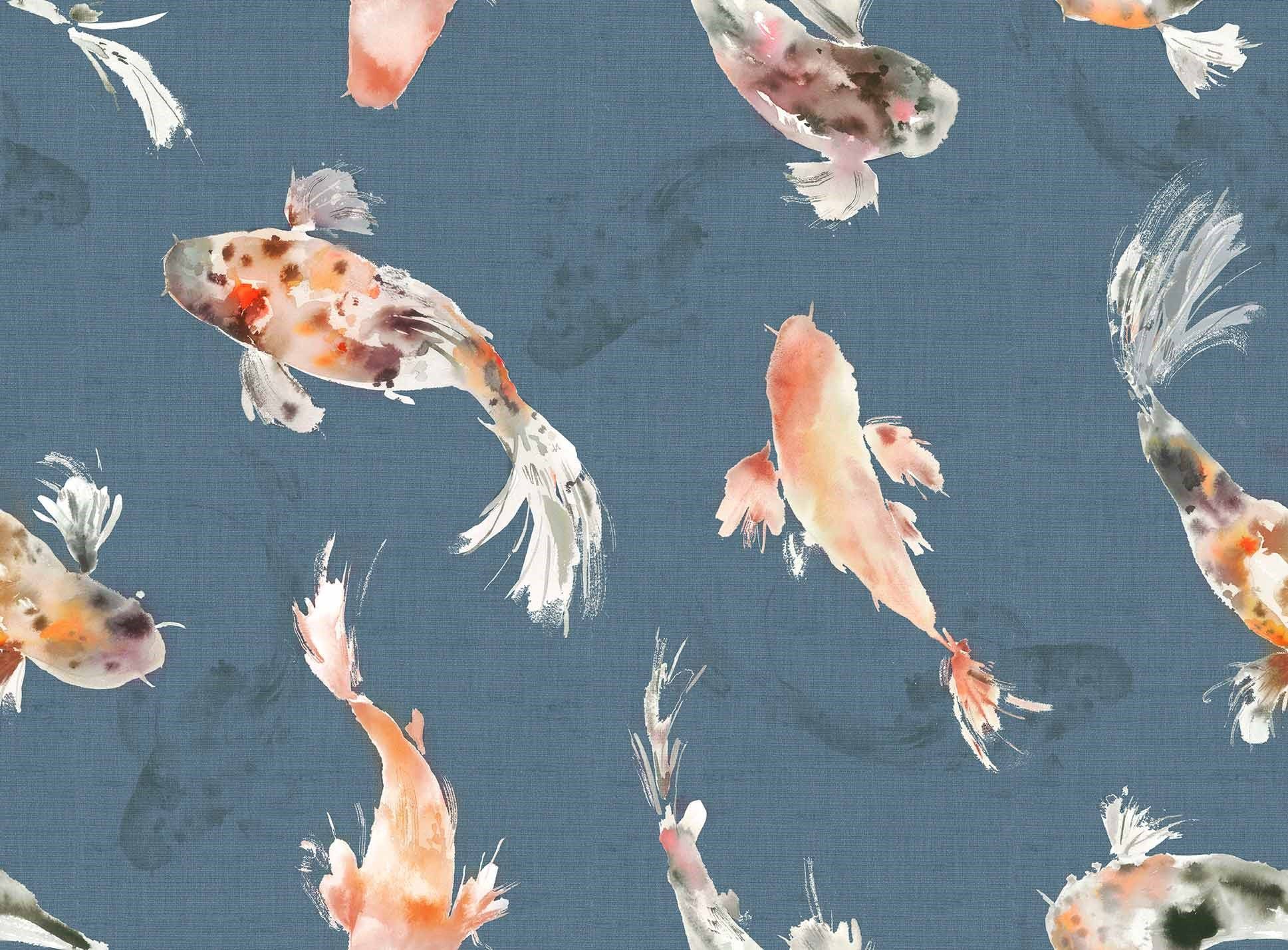 A pattern of koi fish on blue fabric - Koi fish, fish