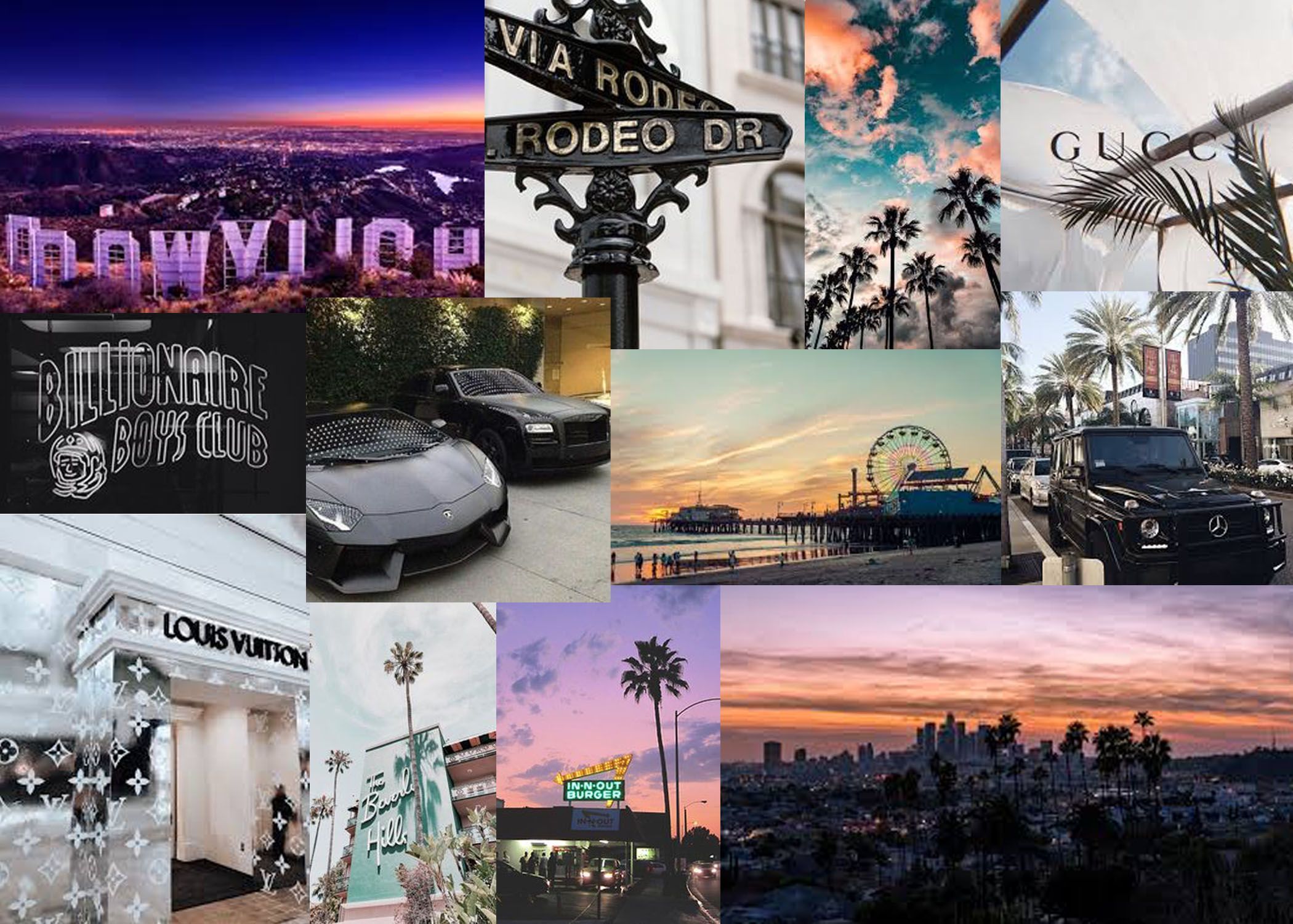 A collage of photos of Los Angeles, including Rodeo Drive, the Ferris wheel at Santa Monica Pier, and the Gucci store. - Los Angeles, California