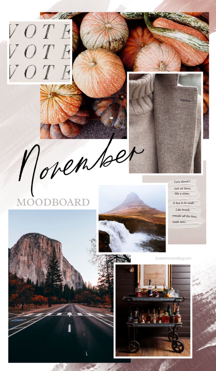 A mood board featuring pumpkins, a waterfall, a bar cart, and a sweater. - November