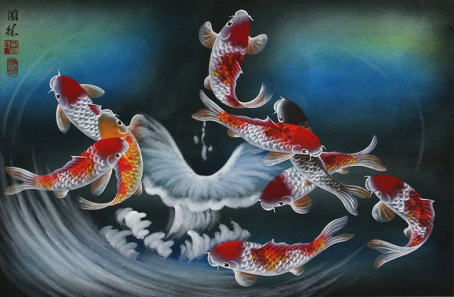A painting of koi fish swimming in the water - Koi fish
