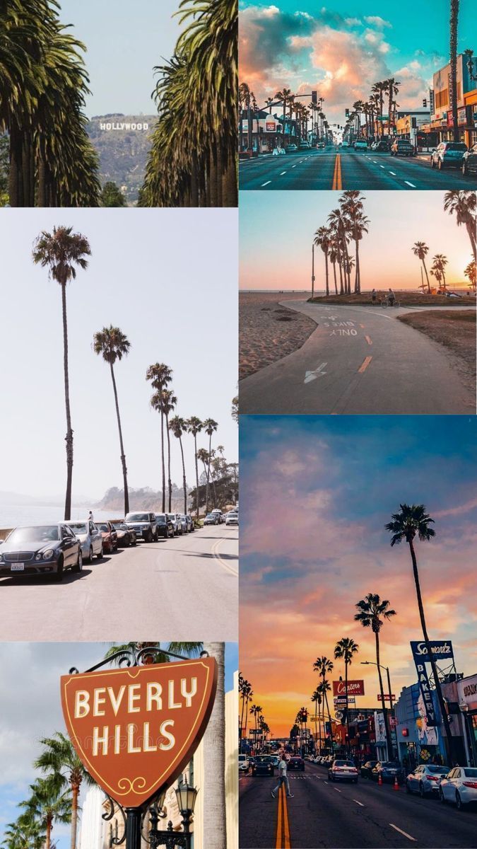 A collage of images of palm trees, a sunset, a street sign that says Beverly Hills, and a city street. - Los Angeles, California