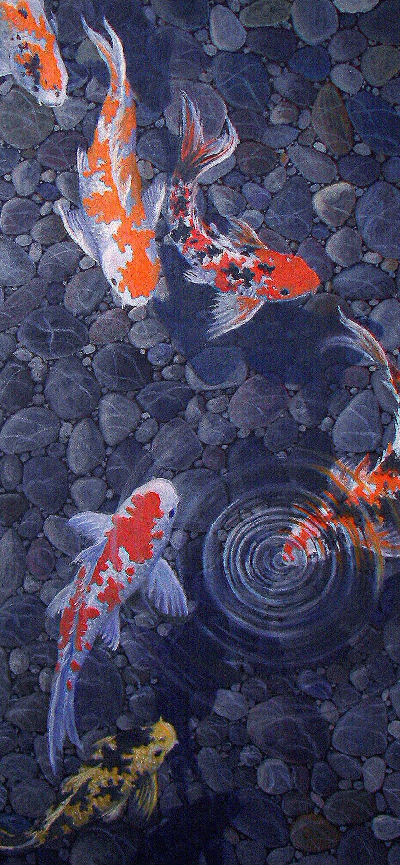 A painting of a group of koi fish swimming in a pond - Koi fish, salmon