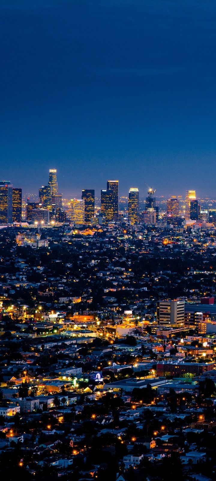 A city skyline at night with many lights - Los Angeles, California