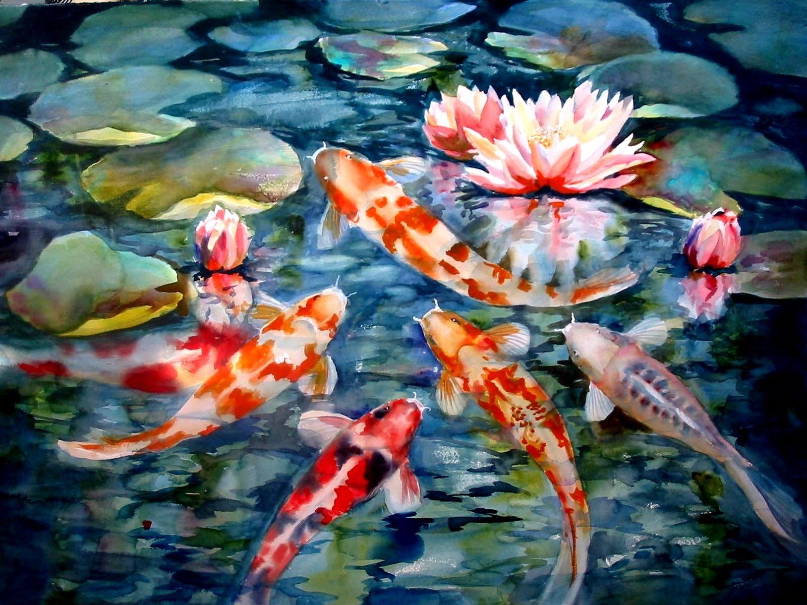 Watercolor painting of colorful koi fish swimming in a pond - Koi fish