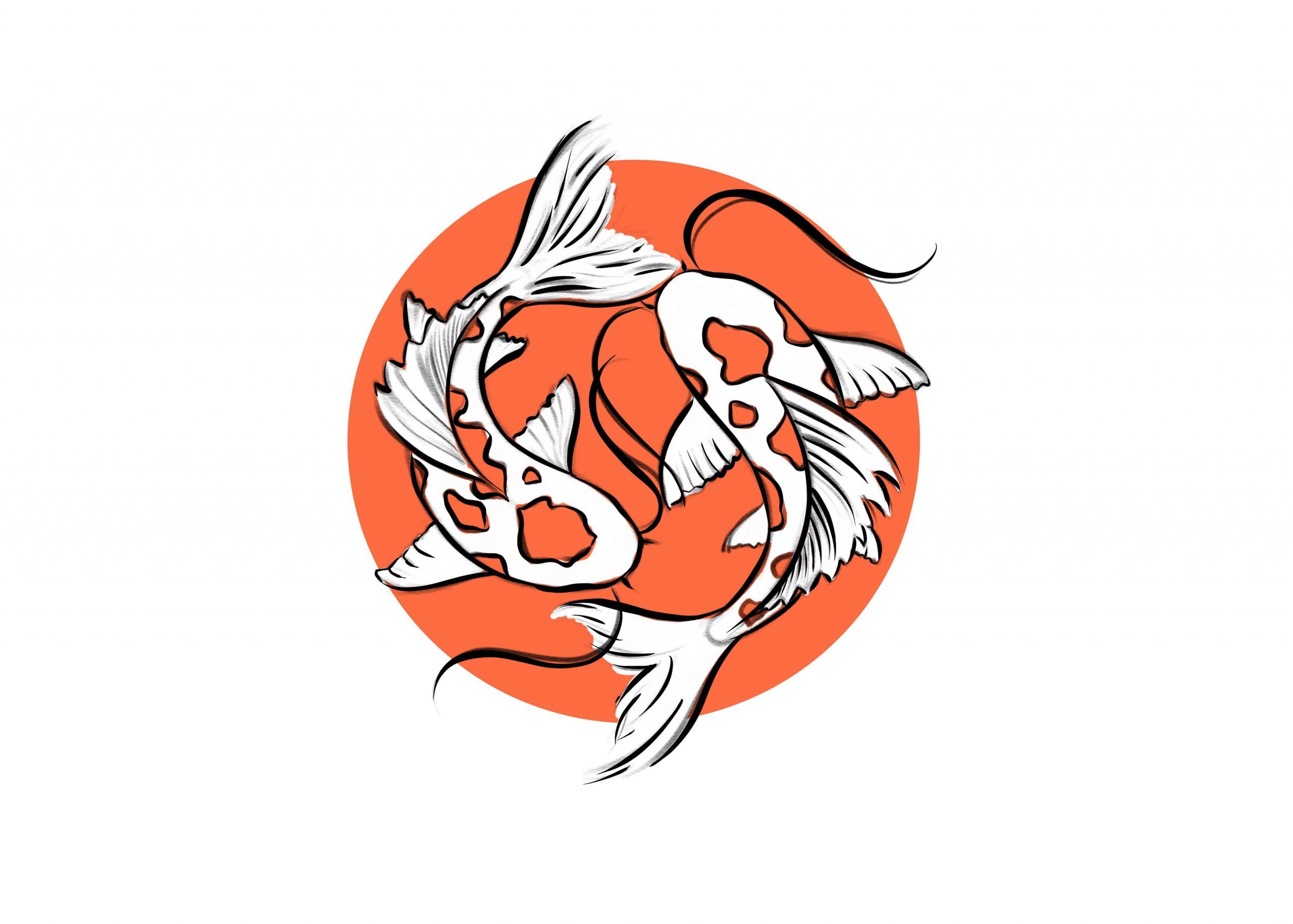 The logo for the restaurant is a circle with two koi fish swimming in opposite directions. - Koi fish
