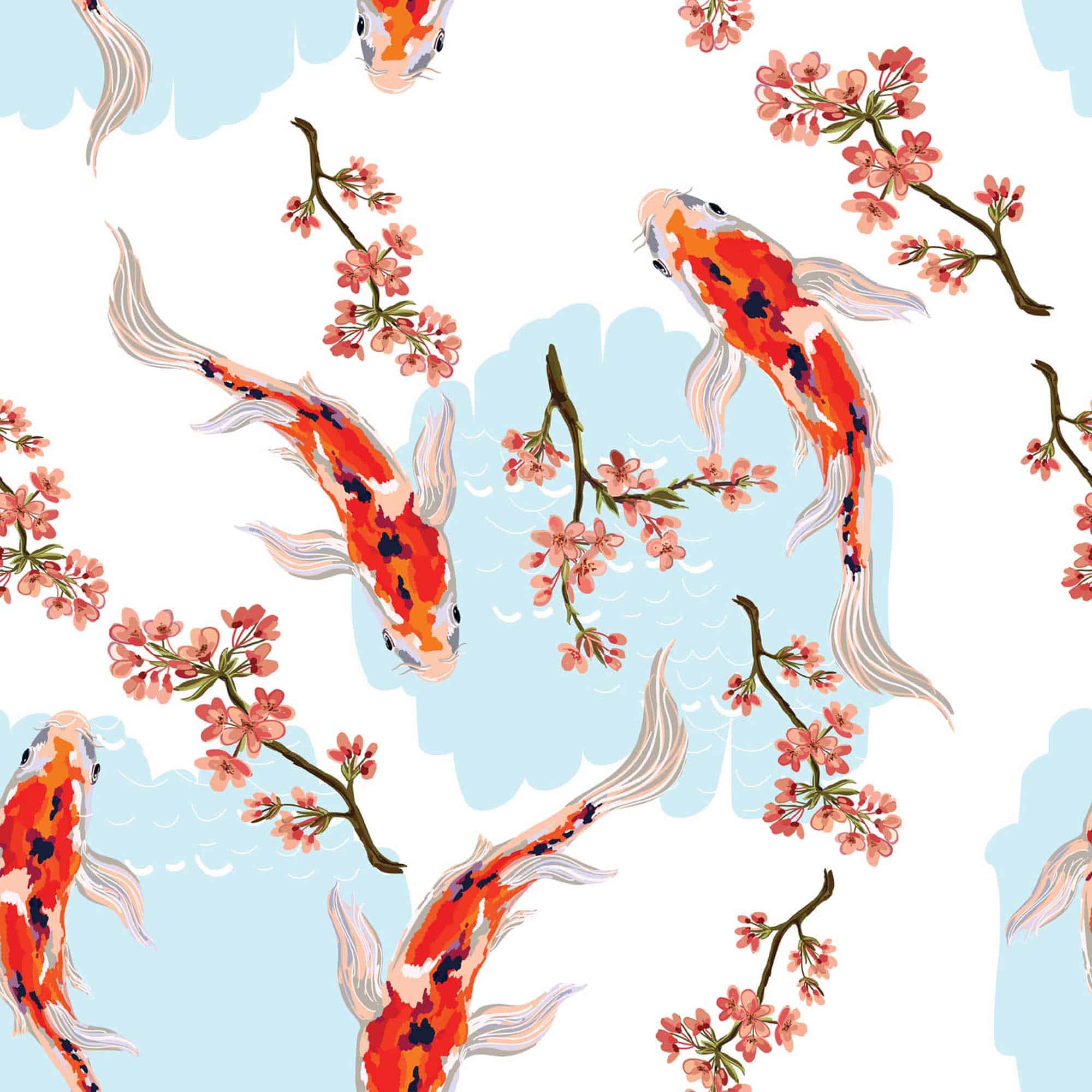A seamless pattern of koi fish and cherry blossoms - Koi fish