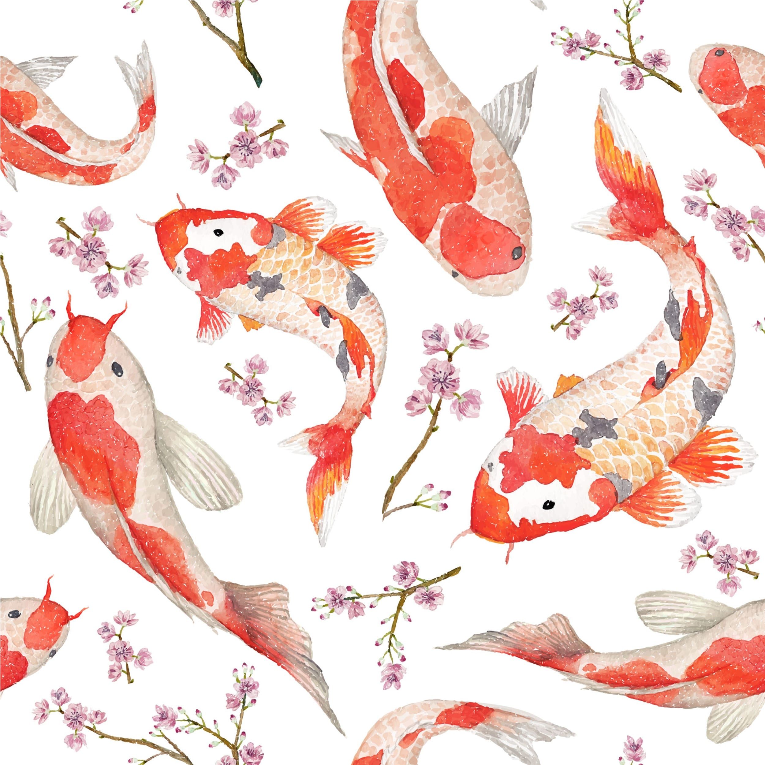 A watercolor painting of orange and white koi fish swimming among pink cherry blossoms - Koi fish