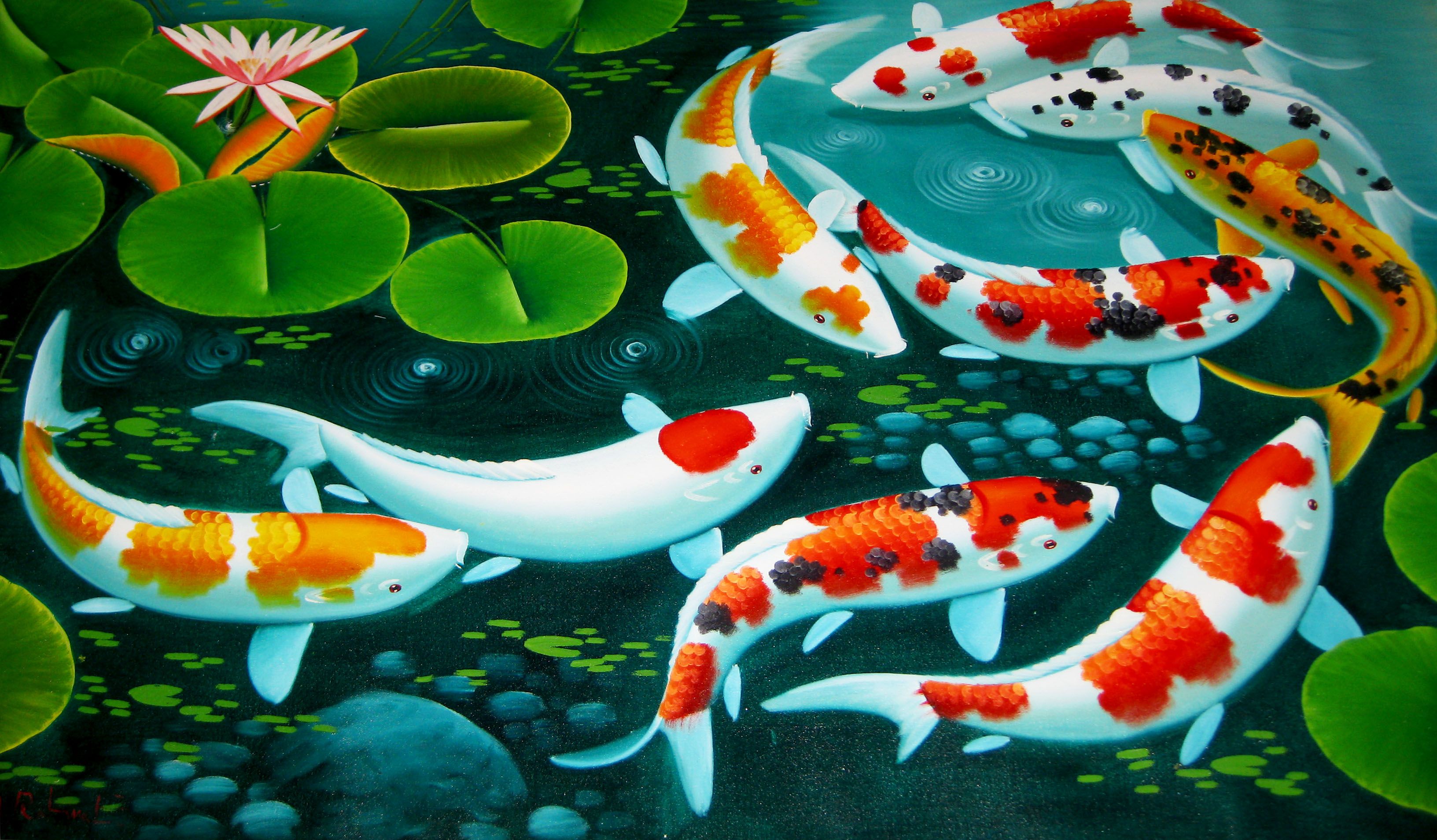 A painting of a pond with koi fish swimming in it - Koi fish