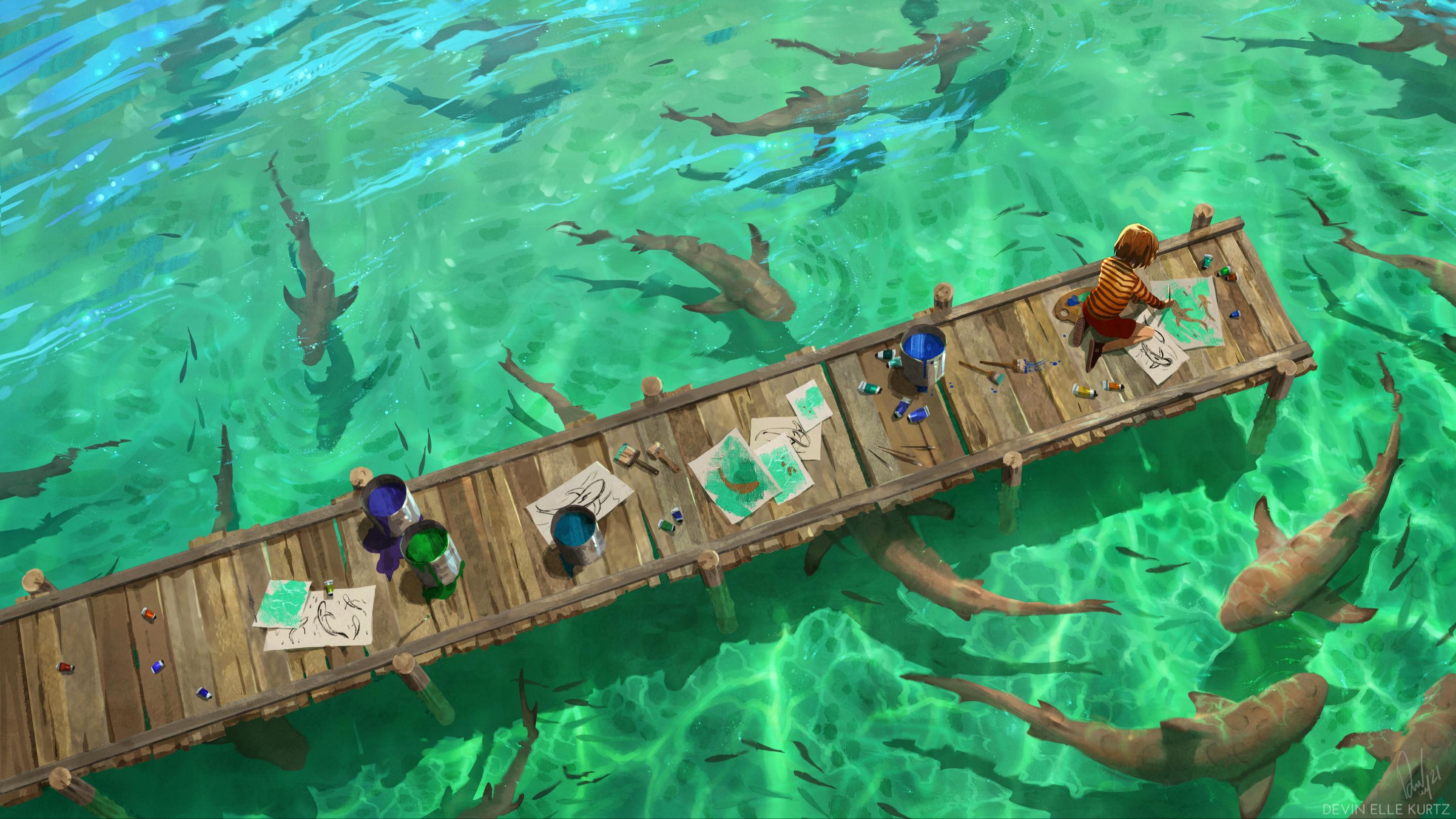 Concept art of a man and a woman sitting on a dock surrounded by fish. - Koi fish, fish