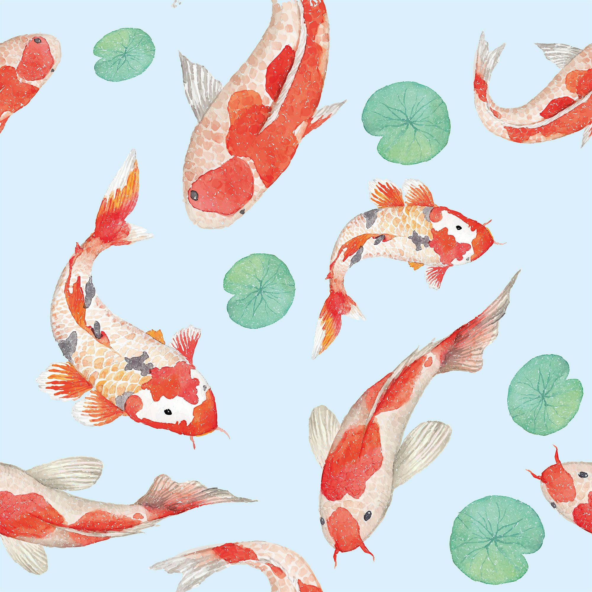A watercolor painting of koi fish and lily pads on a blue background - Koi fish