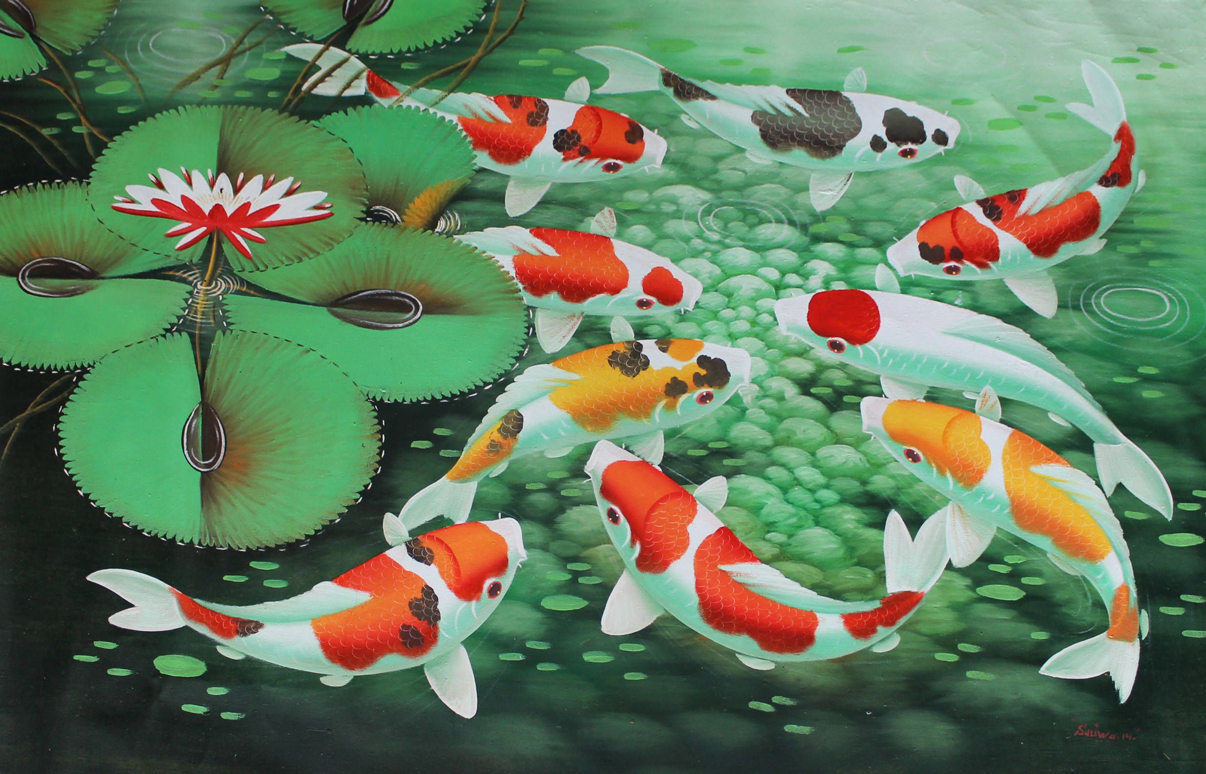 A painting of koi fish in the water - Koi fish