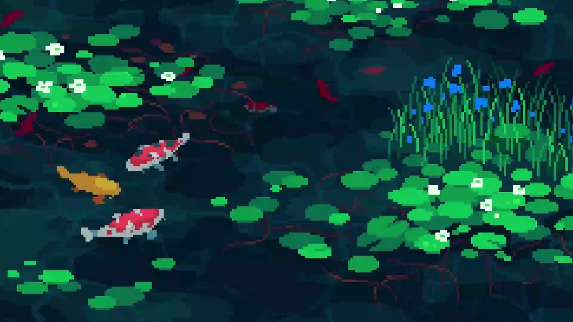 A pixel art image of a pond with koi fish and lily pads - Koi fish