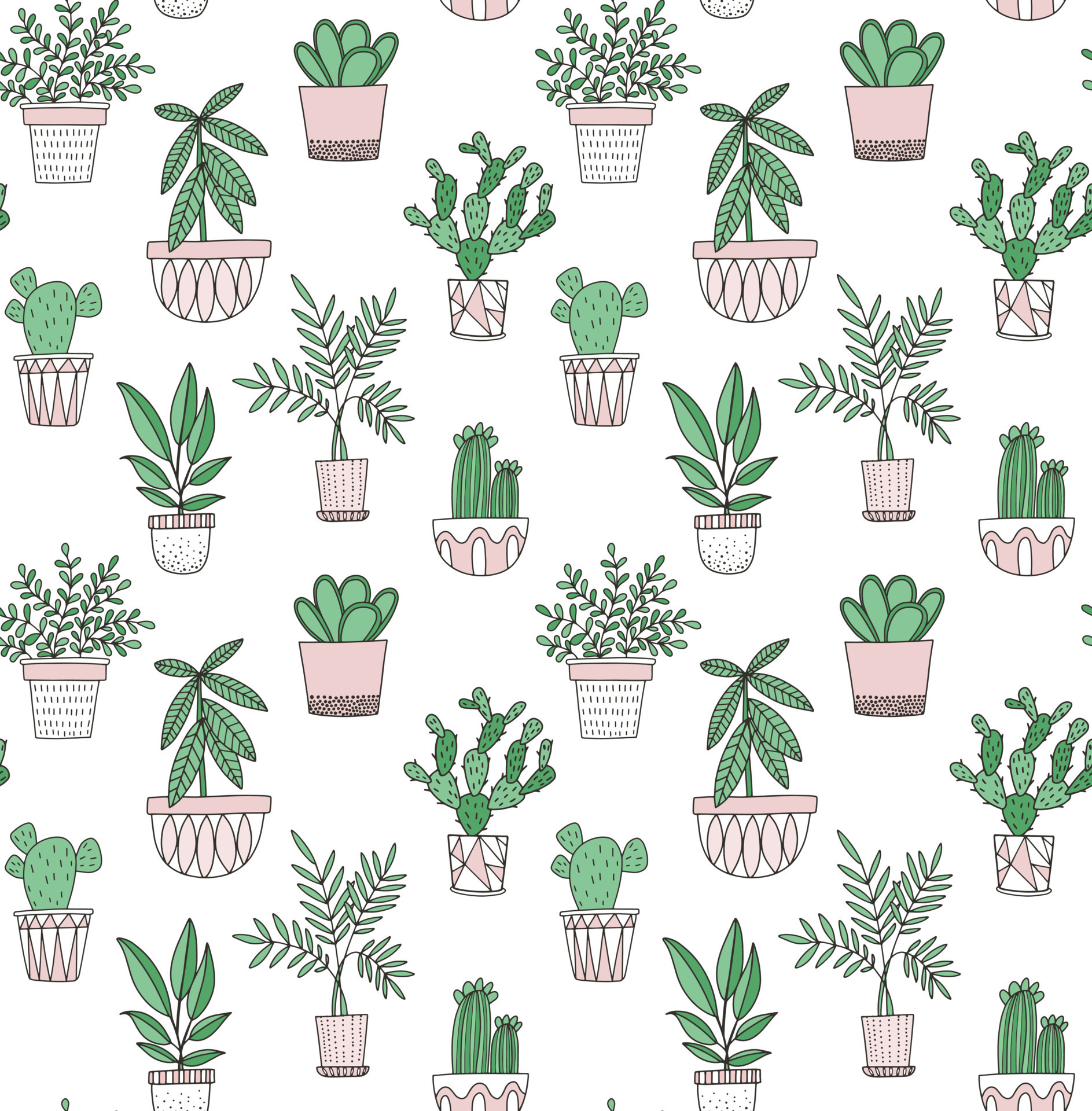Potted plants vector pattern in doodle scandinavian style. Succulents, cacti and other house plants in geometric pots. Seamless background