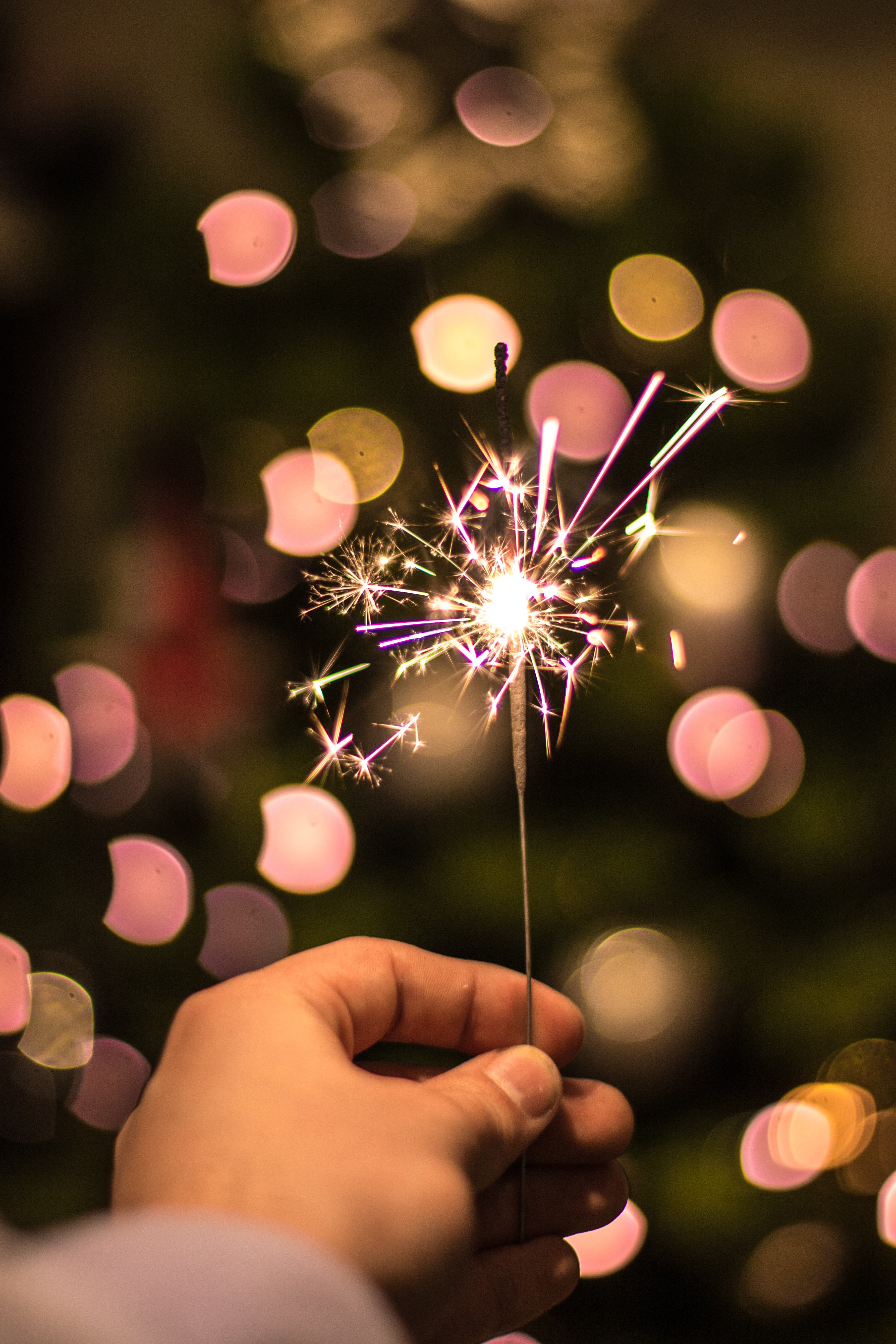 A person holding up sparklers in front of christmas tree - Birthday