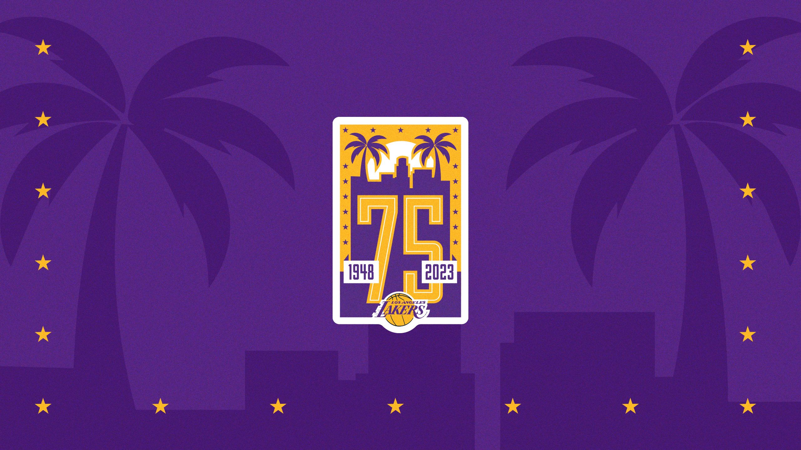 Lakers 75th anniversary logo with palm trees and the Hollywood sign - Los Angeles