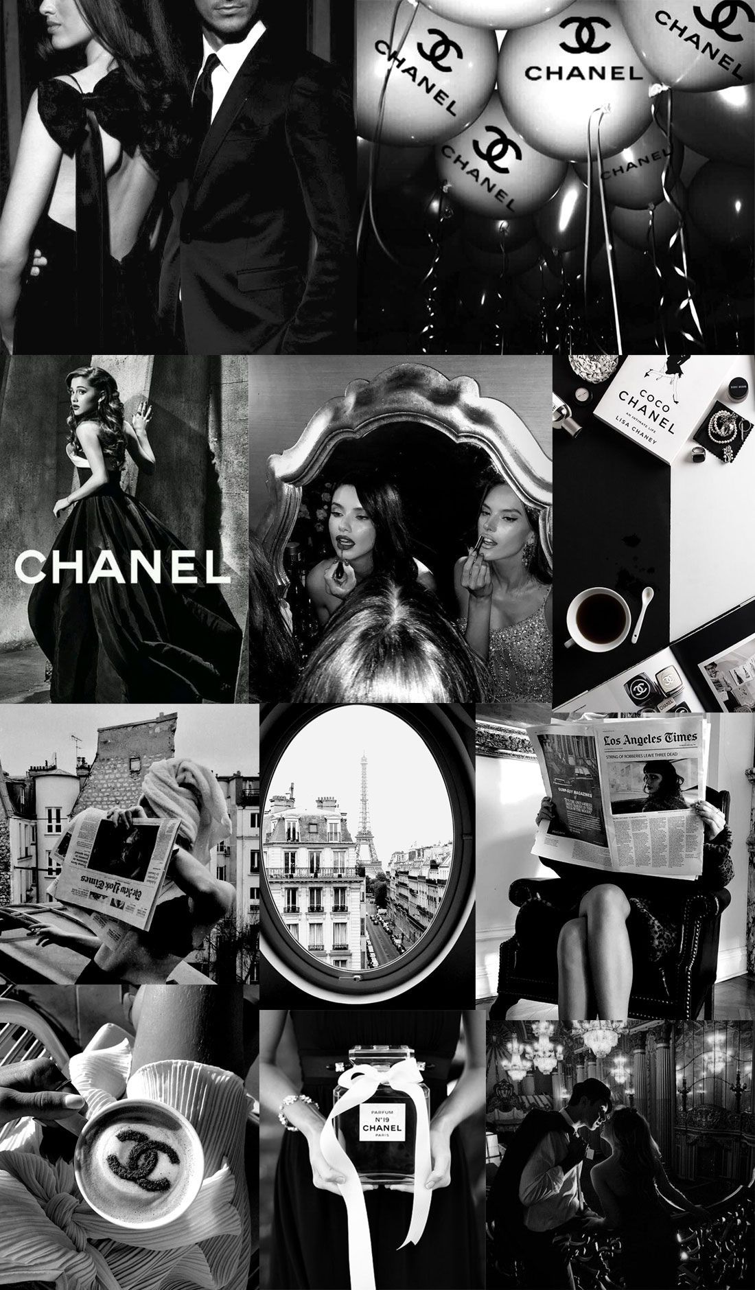 A collage of pictures with chanel products - Los Angeles, Chanel, black and white, gray, makeup