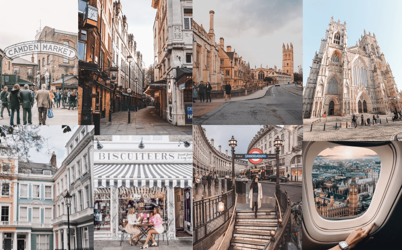 A collage of photos from a trip to London, including a photo of the underground, a photo of the city from a plane, and photos of the streets and buildings. - London