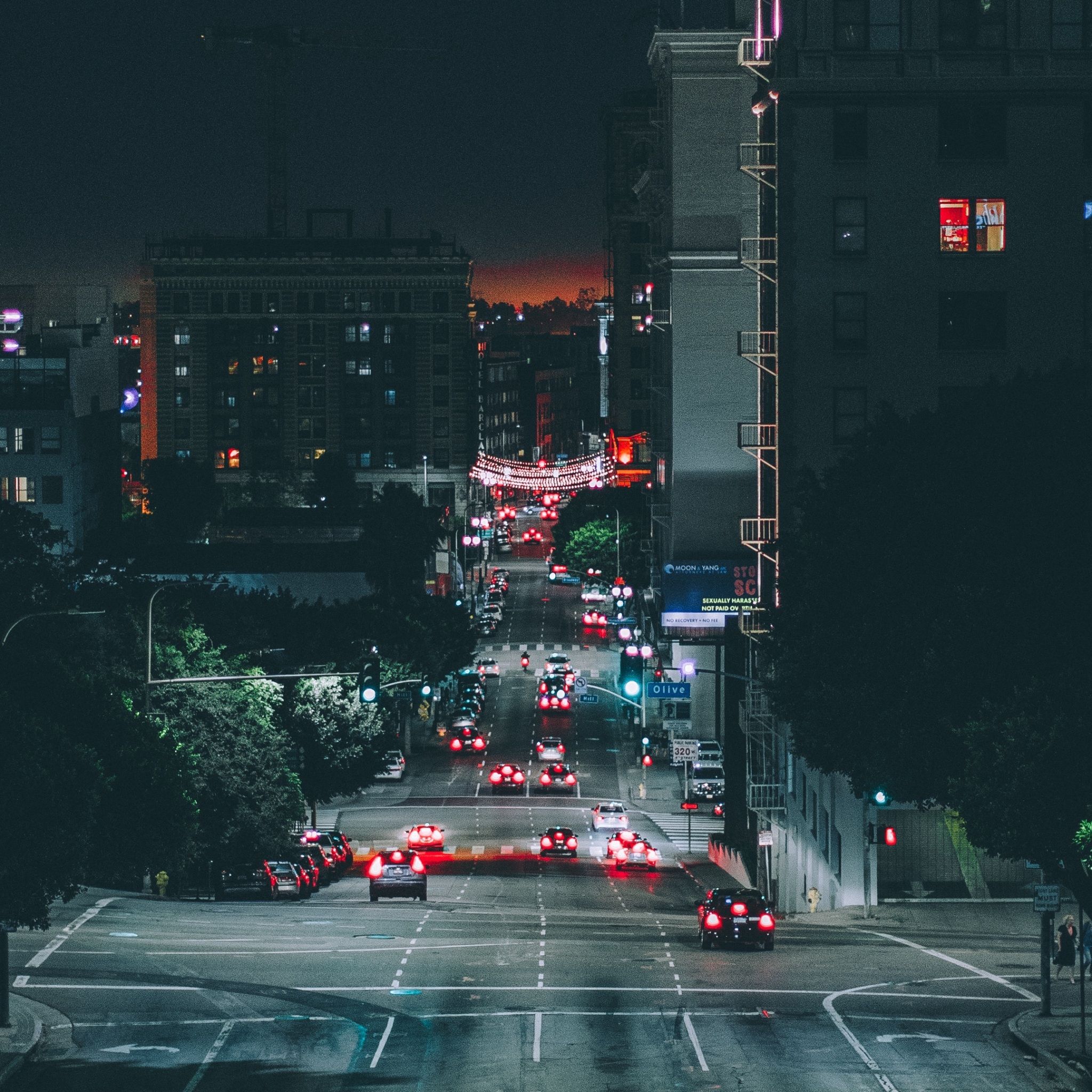 A city street at night with traffic - Los Angeles