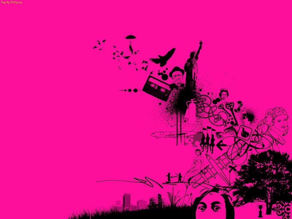 Artistic wallpaper with a pink background and black graphics - Punk