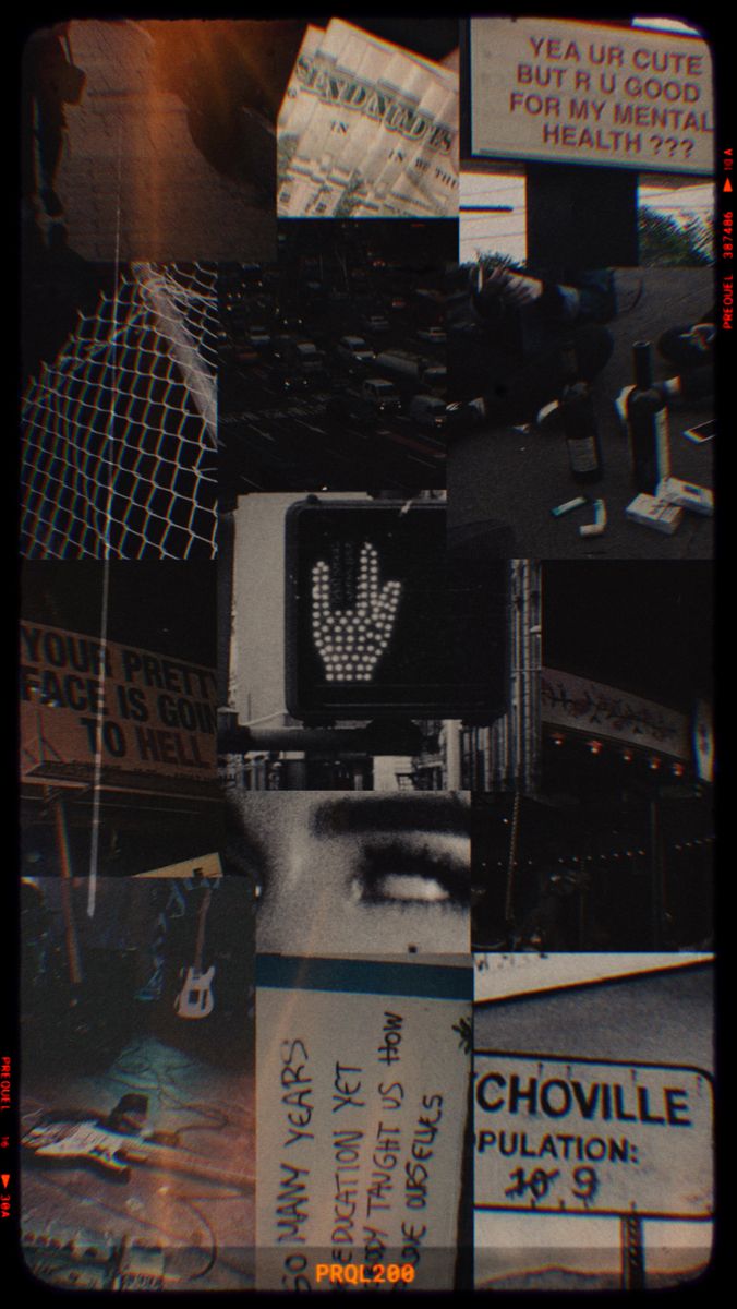 A collage of photos, including a traffic light with a hand on it, a street sign, and a billboard. - Punk