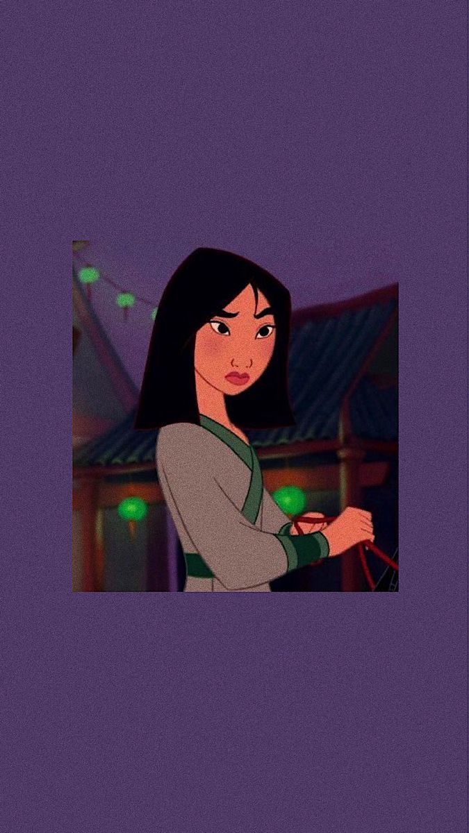A cartoon character with long black hair and purple background - Mulan