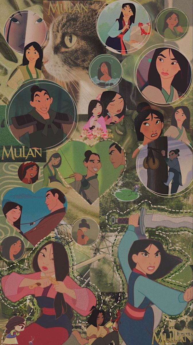 A collage of Mulan characters including Mulan, her family, and her cat. - Mulan