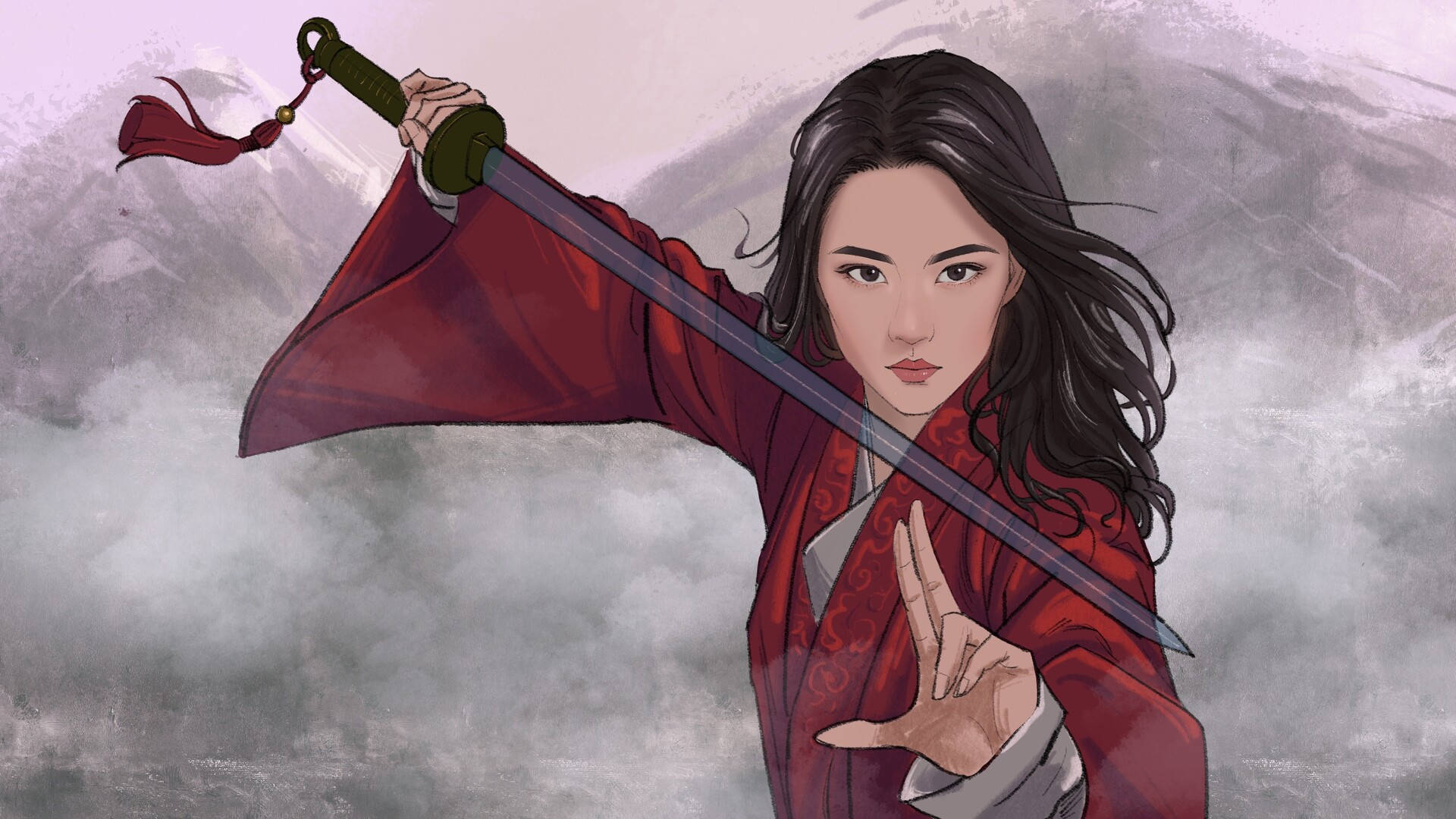 A cartoon of an asian woman holding up her sword - Mulan