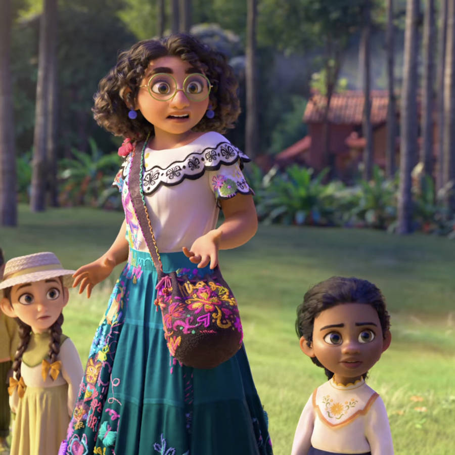 A scene from the movie Encanto, featuring a girl with a colorful dress and curly hair - Encanto