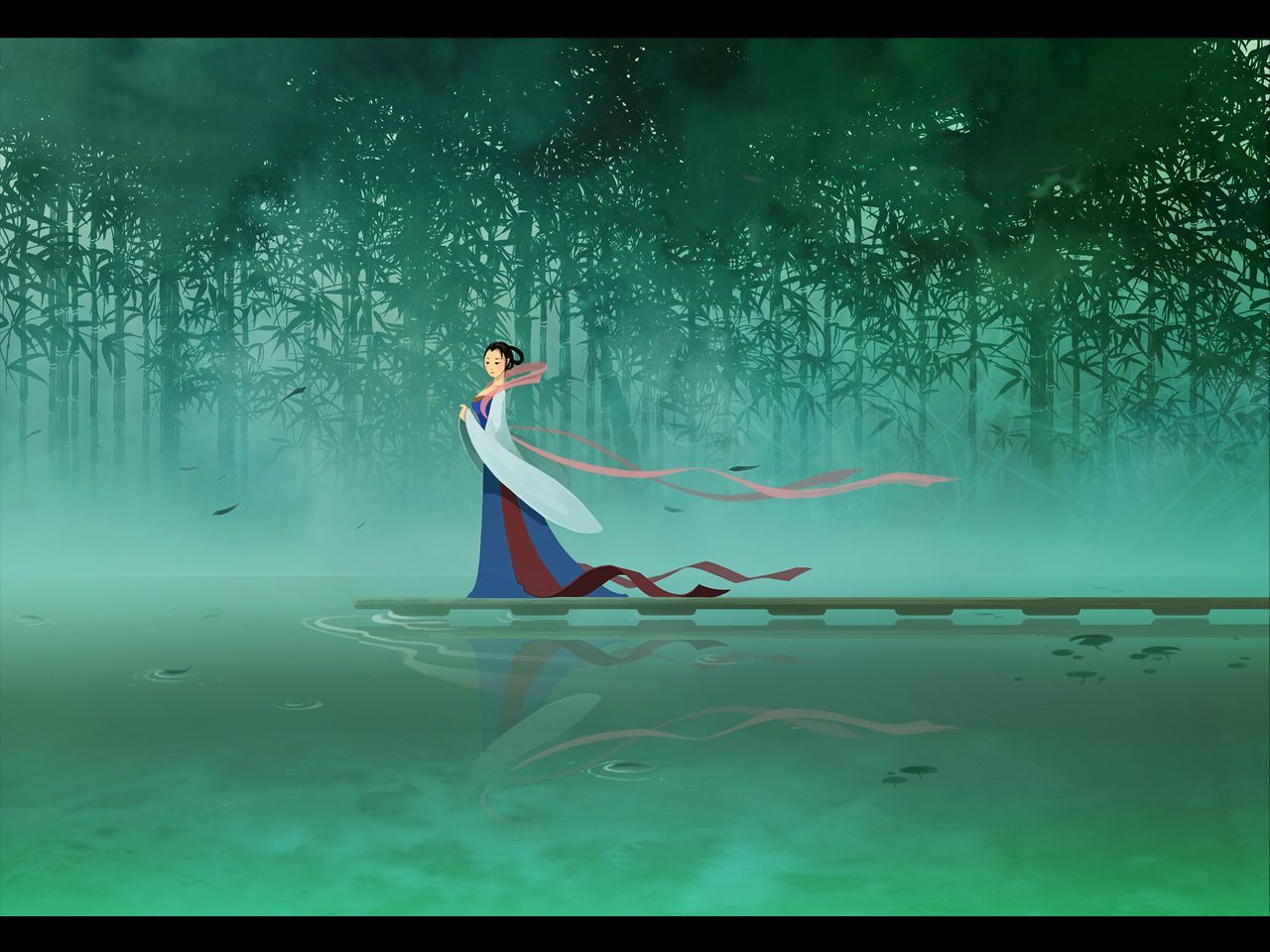A woman in traditional chinese clothing is walking on the water - Mulan