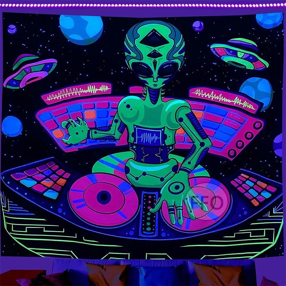Alien DJ Blacklight Tapestry Wall Hanging UV Reactive Cartoons Black Light Tapestry Glow In The Dark Neon Room Decor Aesthetic