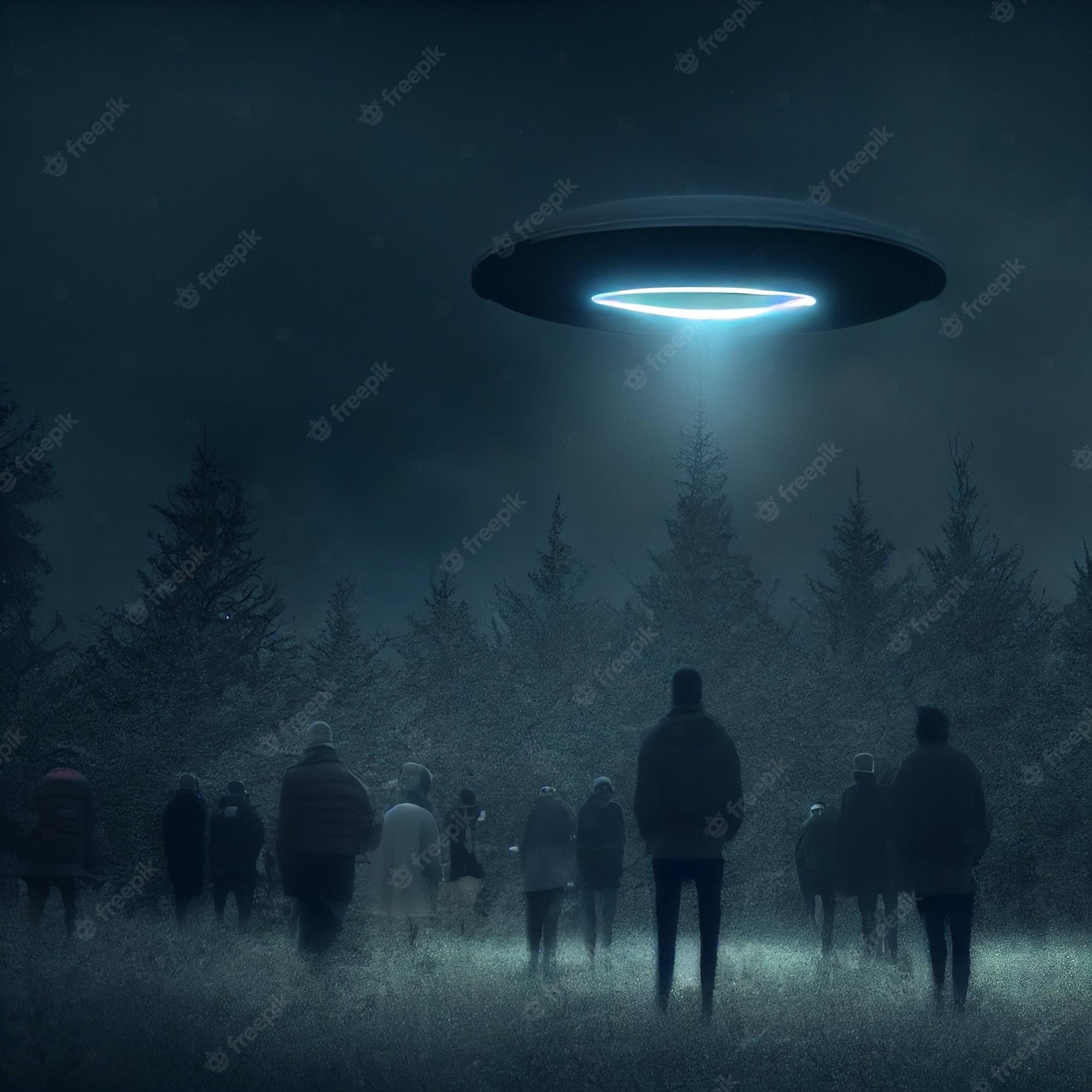 A group of people are being led to a flying saucer - Alien