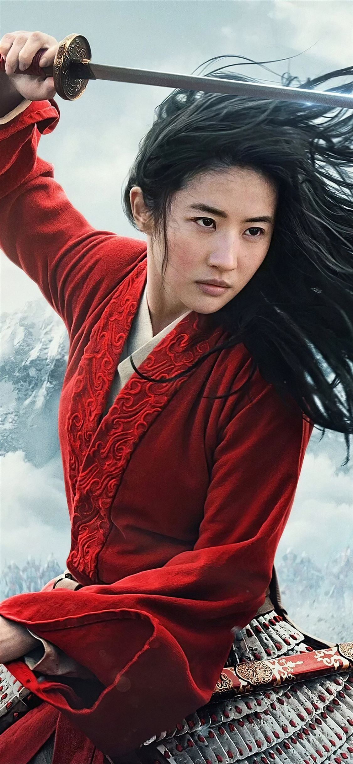 Mulan 2020 Liu Yifei as Mulan holding a sword in the wind iPhone 11 wallpaper - Mulan