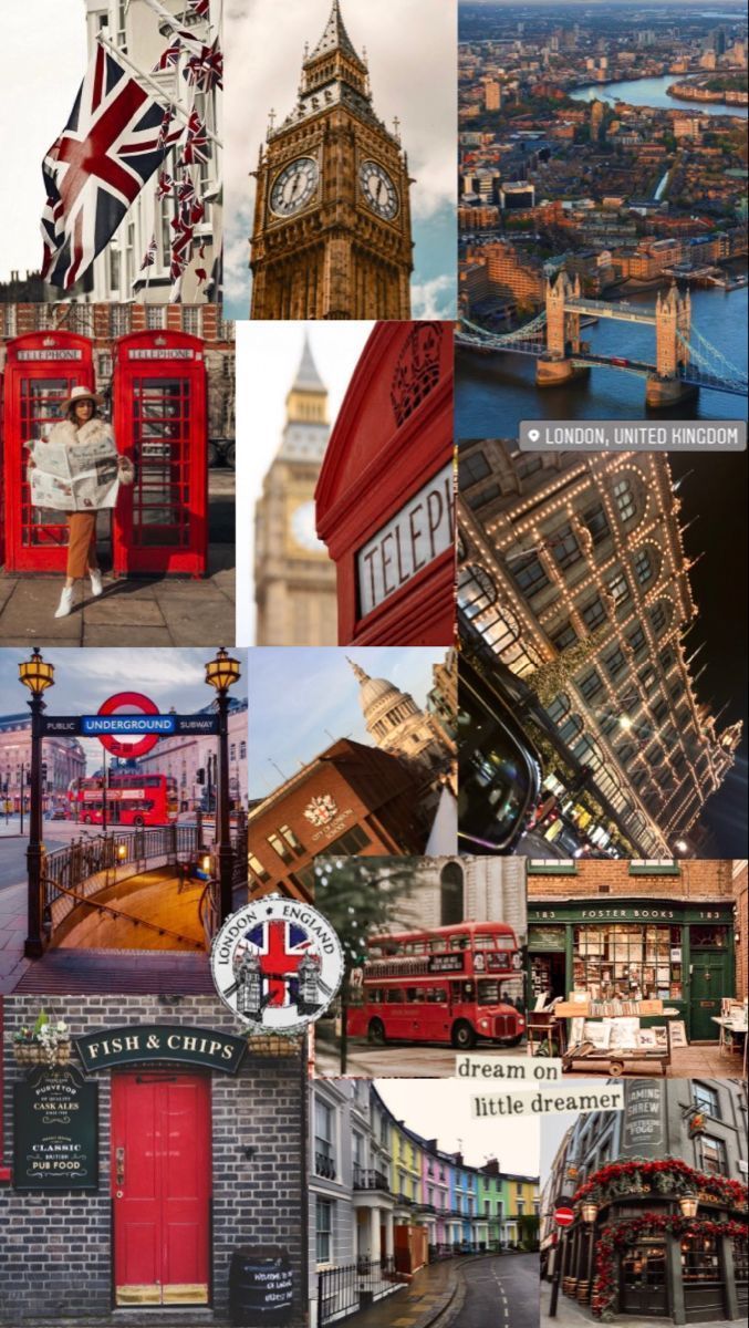 A collage of images of London, including Big Ben, red buses, red phone boxes, Union Jack flags and fish and chips. - London