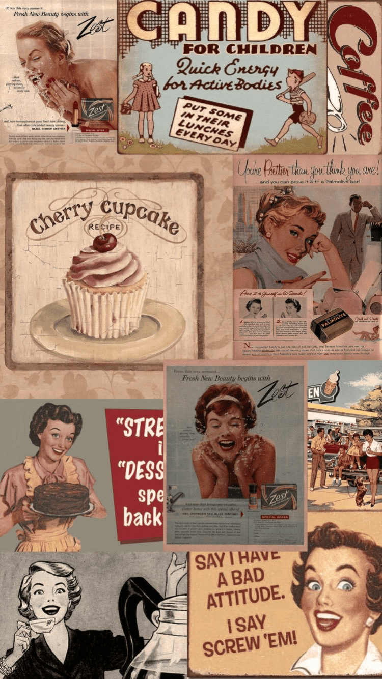 A collage of old fashioned advertisements for candy - 50s