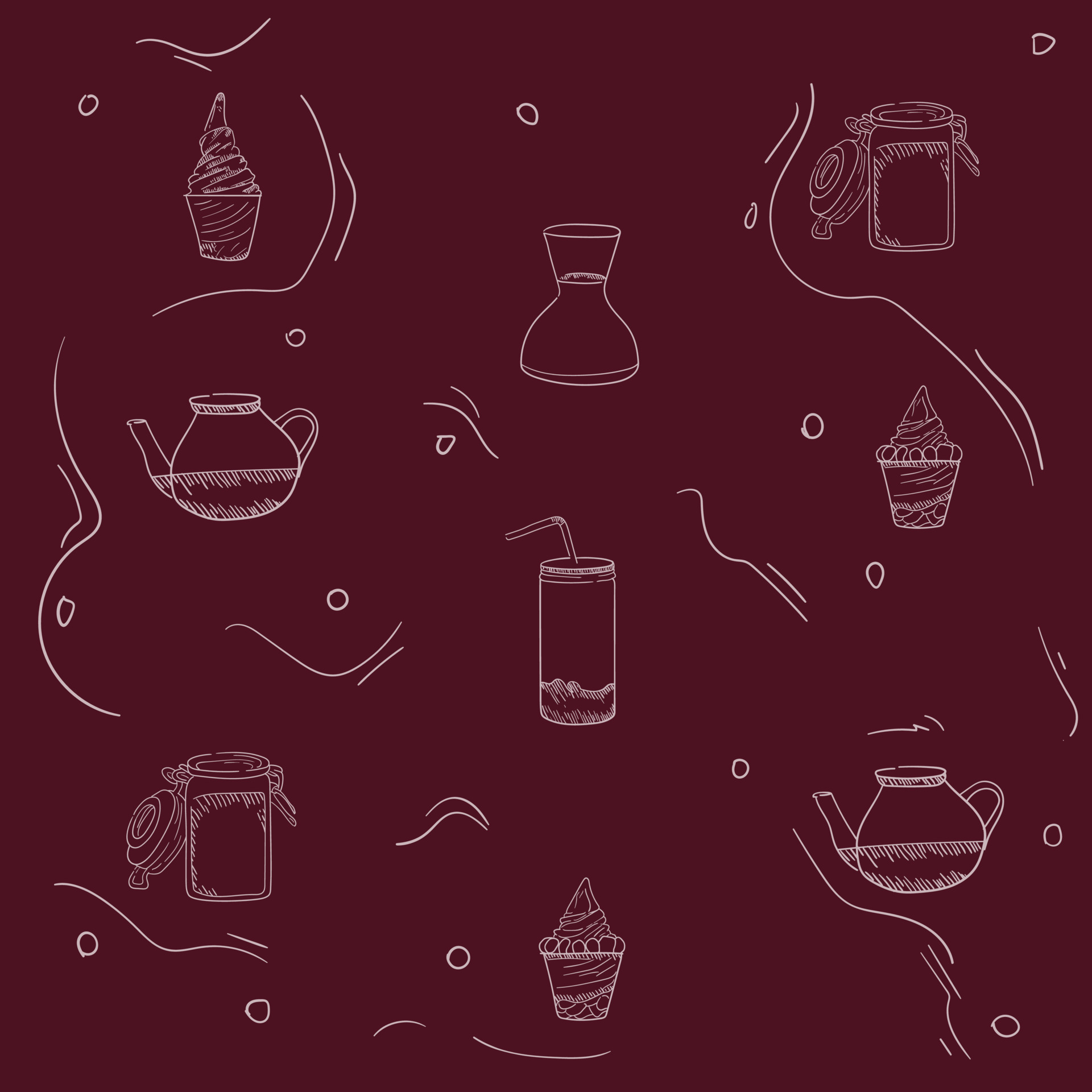 Bubble tea print background with tea pot and boba ice cream design for drink advertising
