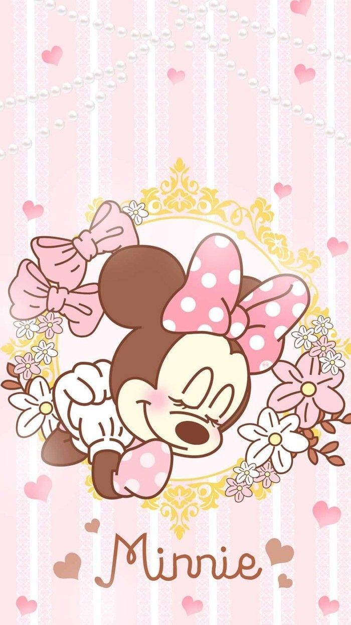 Minnie mouse wallpaper, pink background, with white stripes, phone wallpaper, hearts and flowers - Minnie Mouse