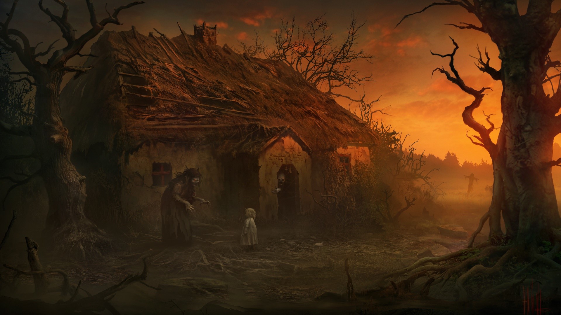 witch, , trees, digital art, artwork, sunset, dead trees, building, spooky, clouds, fantasy art, house, children, roots, scary face, Yuri Hill, creepy Gallery HD Wallpaper