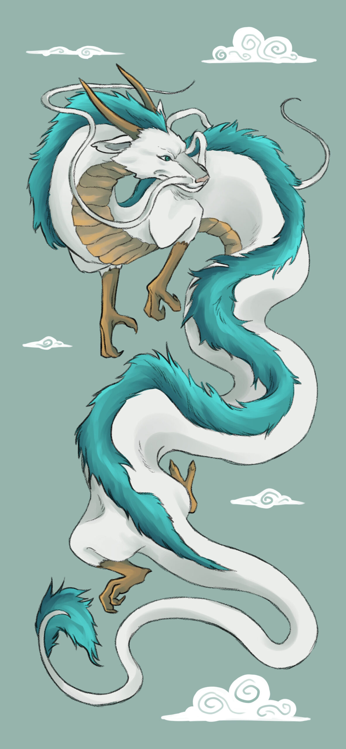 A blue and white dragon with long horns - Dragon
