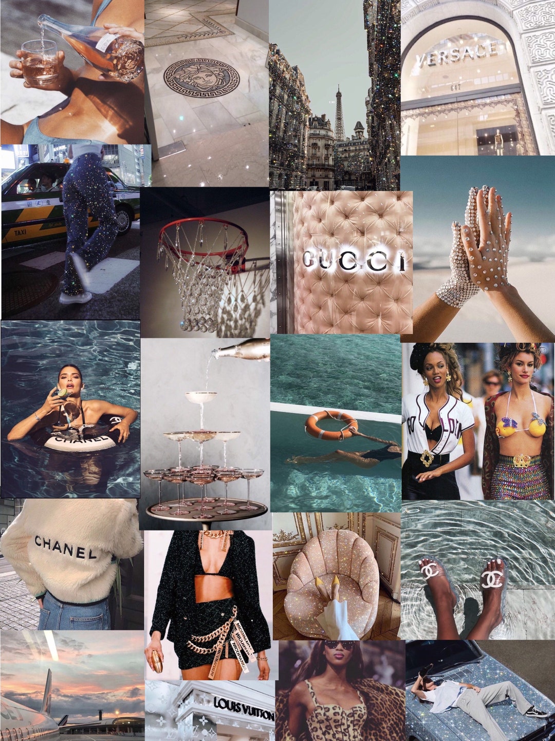 A collage of photos including a Versace store front, a woman holding a Chanel bag, a woman in a bikini on a boat, and a woman in a bikini holding a basketball. - Fashion